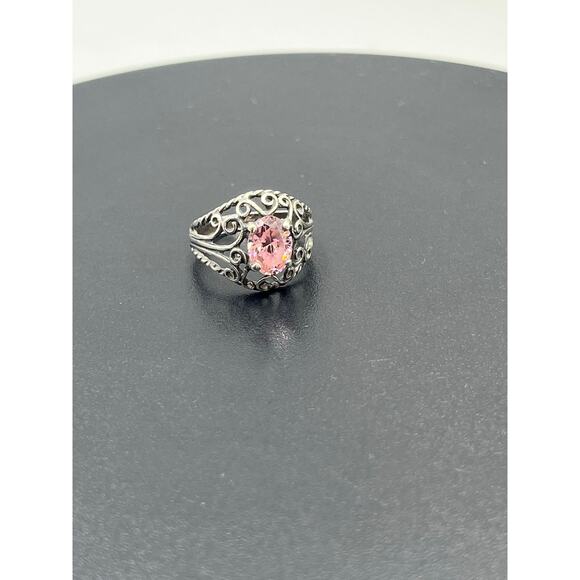 Sterling Silver Vintage Filigree Simulated Pink Sapphire Solitaire Ring 5.25 - Picture 14 of 14